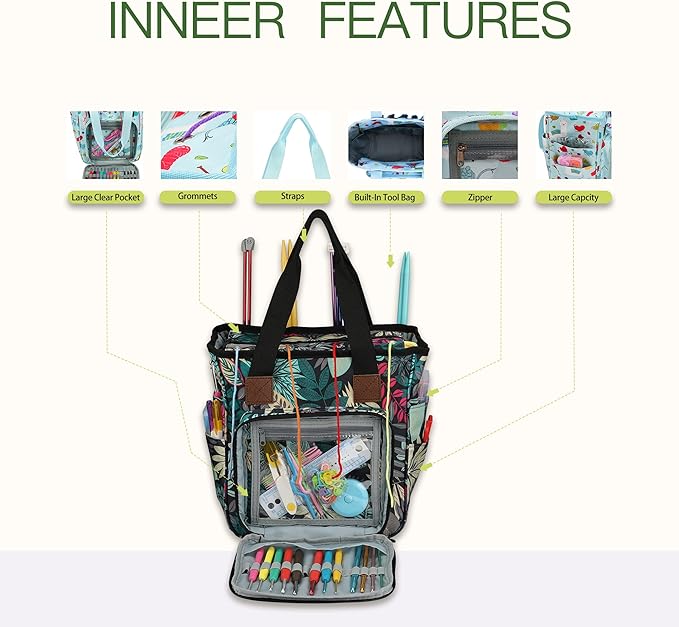 LOOEN Yarn Knitting Storage Tote-Large Capacity Crochet Organizer Portable Travel Bag with Shoulder Strap Crochet Hooks Case for Unfinished Bulk Project