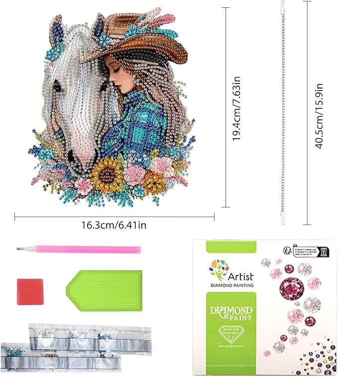 Lxmsja DIY Cowboy Girl Diamond Painting Hanging Ornament, Double-Sided Acrylic White Horse Diamond Art Kit, Special Shaped Suncatcher Hanging Pendant Window Art Kit