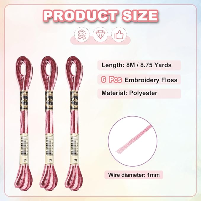 PATIKIL 6 Skeins Embroidery Floss, Polyester Embroidery Threads Bracelets String for Cross-Stitch Hand Embroidery, Red Pink