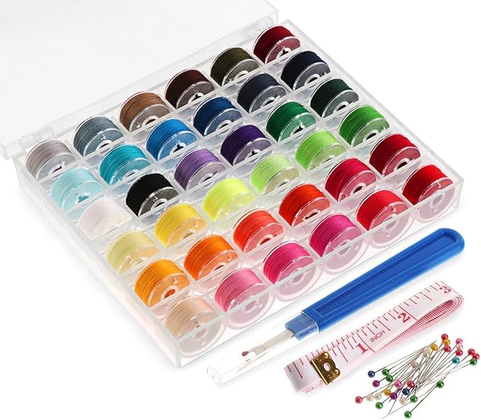 ilauke 36pcs Sewing Machine Bobbins with Case and Measuring Tape Prewound Bobbin Thread Assorted Colors Size A Class 15 Bobbins for Brother/Singer/Babylock/Janome