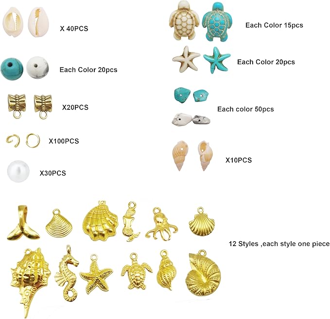 Julie Wang 422PCS Gold Tone Alloy Pendants Seashells Man-made Turquoise Beads Starfish Turtle Ocean Charms for Jewelry Making Summer Beach Bead Necklace Bracelet DIY Accessory