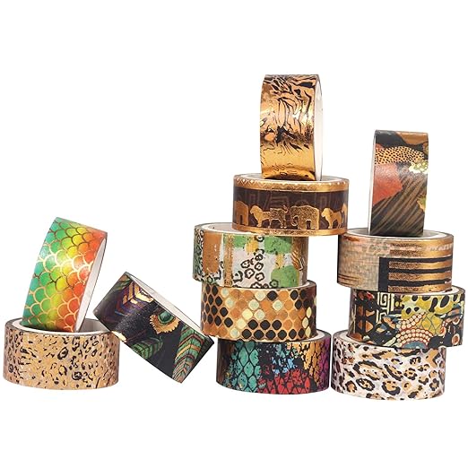 YUBX Wild Animals Washi Tape Set 12 Rolls Gold Foil Print Decorative Masking Tapes for Arts, DIY Crafts, Journals, Planners, Scrapbook, Wrapping (African Migration)