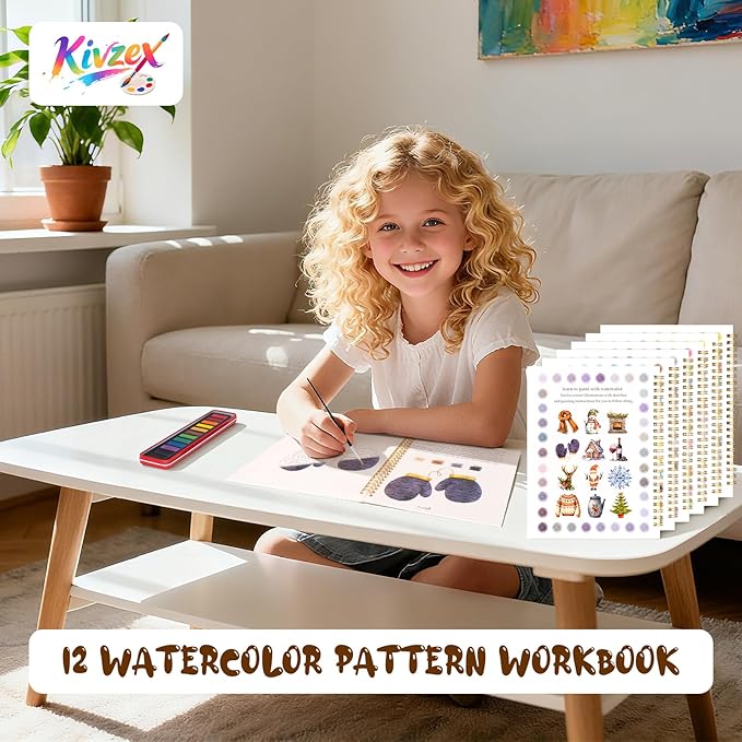 Christmas Watercolor Workbook for Adults, Beginner Friendly Watercolor Painting Kit Winter Water Coloring Book, Nature-Themed Practice Art Gift Water Color Paint Book with Palette and Brush