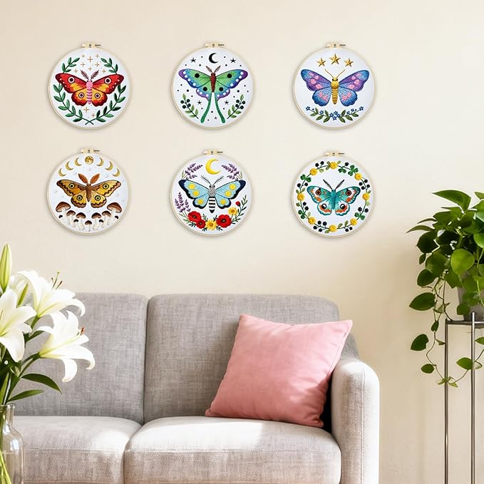 BEUNITONE 6 Set Butterfly Embroidery Kit for Adults Beginners, DIY Needlepoint Craft Kits with Instructions and Hoops, Complete Starter Set for Adults, Funny Hand Embroidery for Fabric and Home Decor