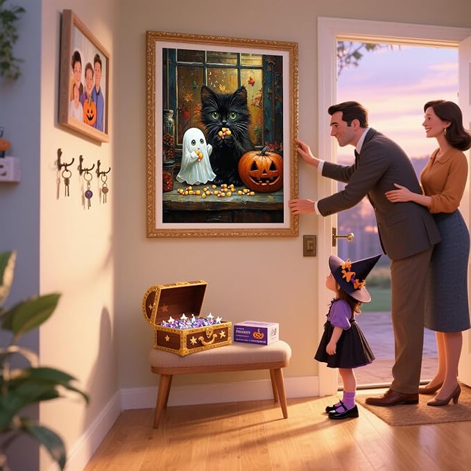 ijbnhd Halloween Diamond Art Kits for Adults, Black Cat Diamond Painting Kits for Adults, 5D Ghost Full Drill Round Pumpkin Gem Art Suitable Home Wall Decor 12x16inch
