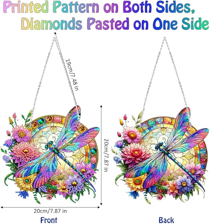 Koikify Diamond Painting Kits Hanging Pendant, Flower & Dragonfly Crystal Diamond Art Hanging Sign, Double-Sided Pattern Craft Ornament for Home Decoration and Gift