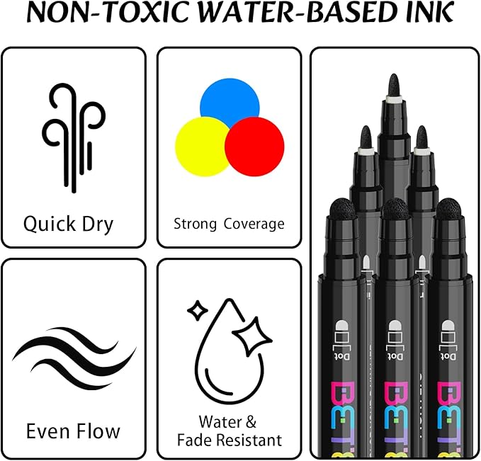Betem 6 Black Dual Tip Acrylic Paint Pens Markers, Fabric Decorating Kits Premium Water-Based Acrylic Paint Markers for Fabric, Rock, Wood, Glass, Eggs, Canvas, Ceramic, Easter Basket Stuffers