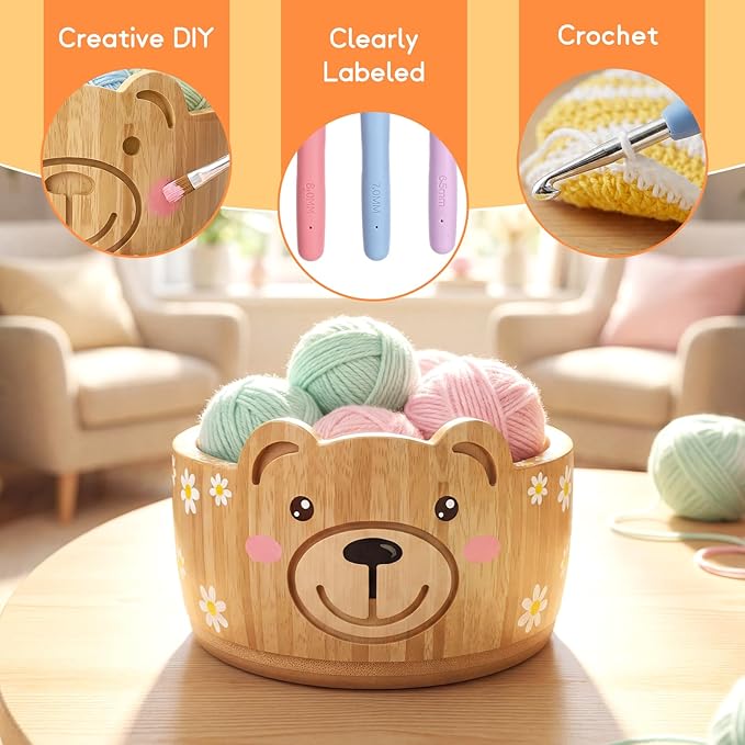 Wooden Yarn Bowl Set, 6.7in x 4.1in Large Yarn Bowl for Crocheting, Complete Crochet Accessories Kit with 12 Size Crochet Hooks, Tape Measure, Counter, Scissors & Storage Bag