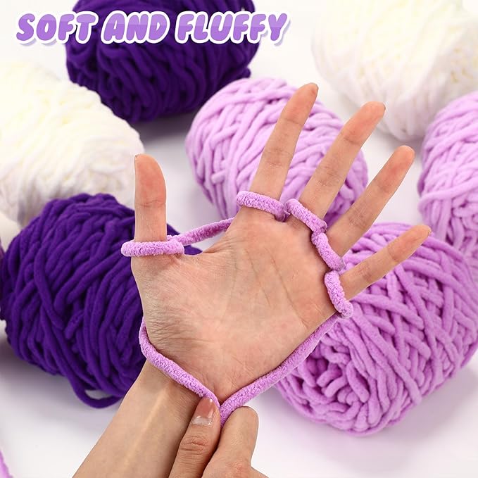 Buryeah 8 Pack Chunky Chenille Yarn for Crocheting Soft Thick Fluffy Yarn for Hand Knitting Bulky Velvet Blanket Plush for Weaving DIY Crafts Each 3.5 oz 55 Yards (Purple Series)