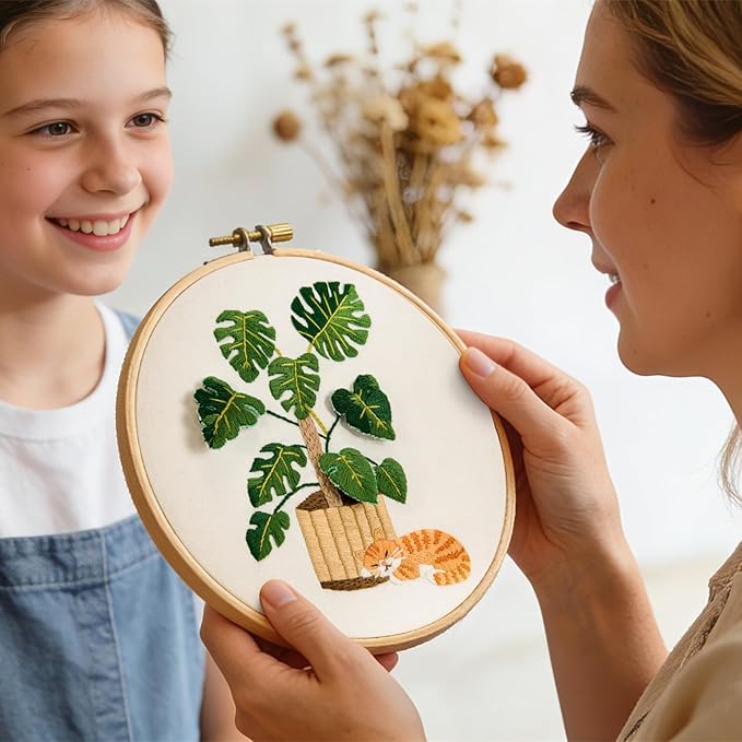 Monstera Embroidery Kits for Beginners Adults, Cat Hand Embroidery Kits, Potted Plant Cross Stitch Kits for Beginners DIY Craft Kits for Adult Women, Entire Set of Embroidery Supplies & Video Tutorial