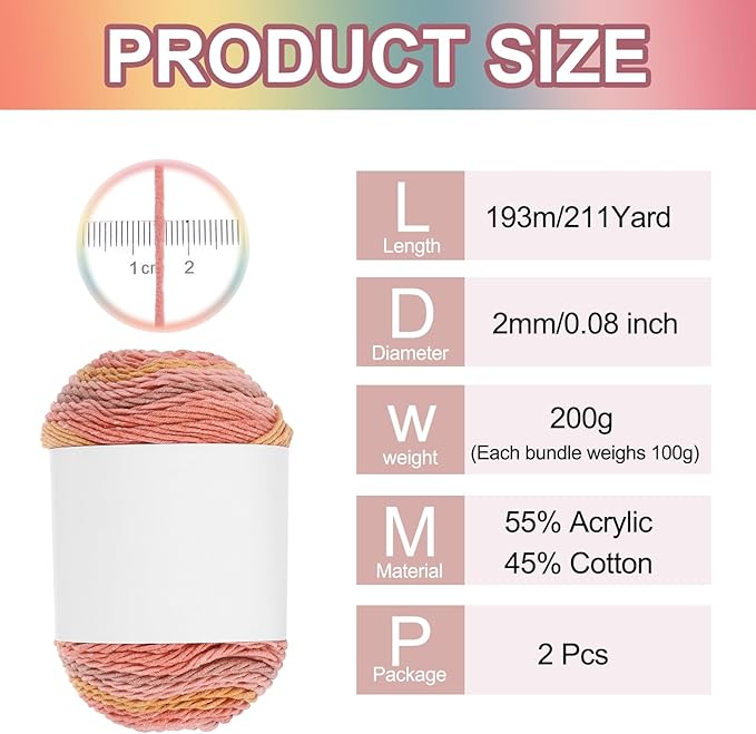 MECCANIXITY Cotton Acrylic Yarn for Crocheting, 422 Yard 5 Ply Soft Gradient Yarn Acrylic 45% Cotton 55% Used for DIY Knitting Blankets Scarves(2 Packx100g,Pink,Yellow,Red)