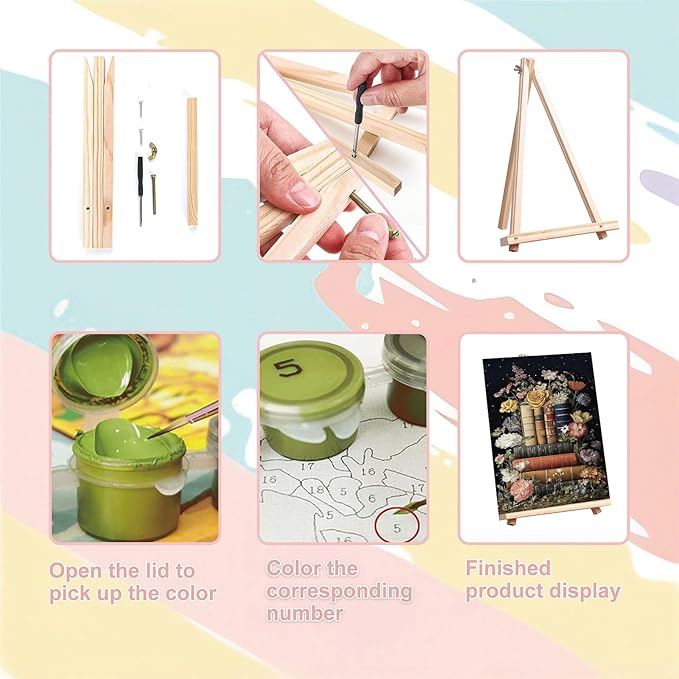 xackcme Book Paint by Numbers for Adults with Framed Canvas - with Wooden Easel, Flowers Paint by Number on Canvas, DIY Books Acrylic Oil Painting Kits with Brushes for Home Wall Decor (8x12 inch)