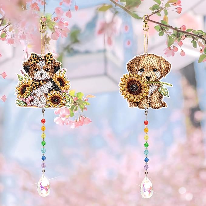 LazyFold 2 Pcs Diamond Painting Wind Chime Kits,Cute Puppy DIY Diamond Art Painting Wind Chime Kits Crystal Art Suncatchers for Adults Home Garden Window Craft Gift