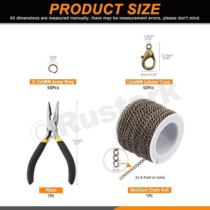 Rustark 102Pcs 4mm 30 Feet Bronze Jewelry Making Chains Kit Thin Necklace Bracelet Chain Twisted Links Curb Chain with Jump Rings Lobster Clasps and Pliers for Bracelet Necklace Jewelry Making
