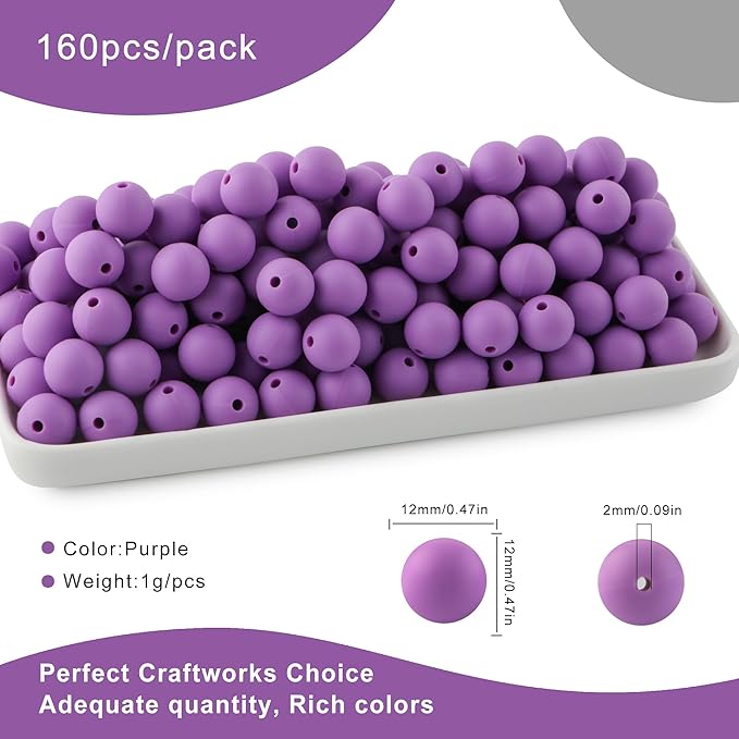 160Pcs 12mm Silicone Beads for Keychain Making Bracelet Necklace, Bulk Round Silicone Beads for Pens(Purple)