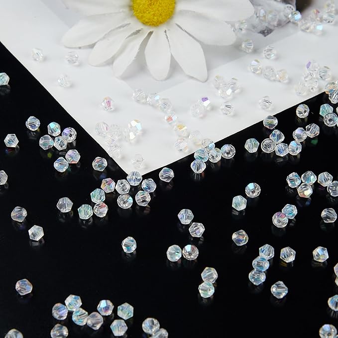 laopottbeads 1100pcs 4mm bicone crystal glass beads for jewelry making, sparkling mini beads for suncatchers, diy bracelets & craft projects (ab white)