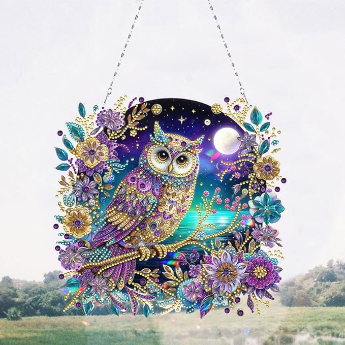 POETRYDRAW DIY Hanging Diamond Art Pendant Kit Owl, Special Crystal Diamonds Painting Ornament for Adults, 5D Diamond Art Suncatchers Double Sided Board Gem Painting Box Kit