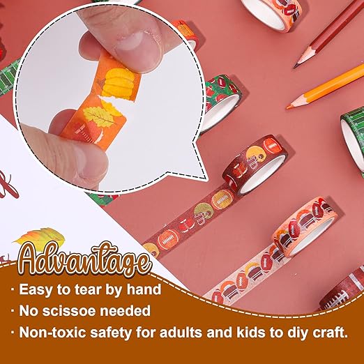 12 Rolls Fall Football Washi Tape Autumn Pumpkin Rugby Decorative Masking Tape Set Thanksgiving Wrapping Paper Tapes for Scrapbook Journal DIY Art Crafts