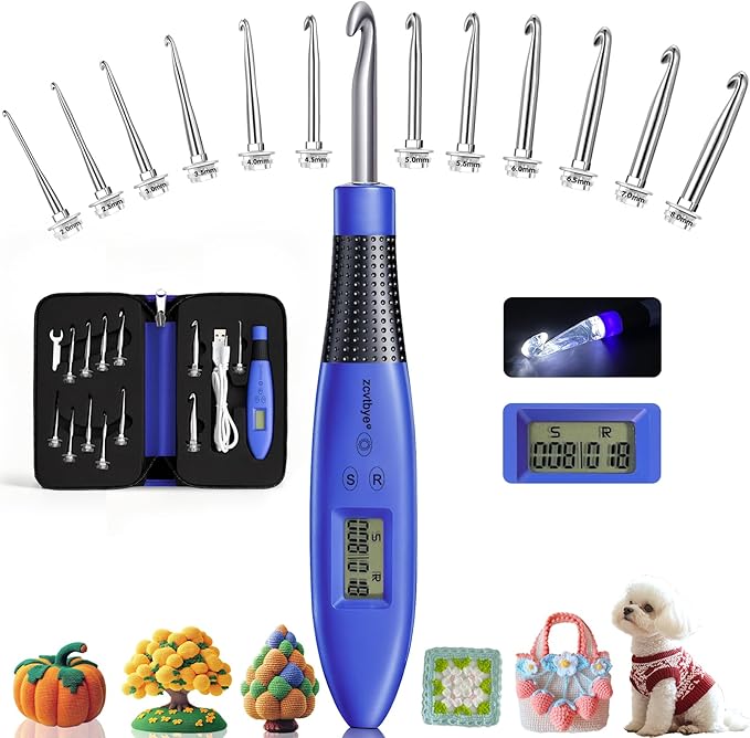 Zcvtbye 12 Size Counting Crochet Hooks Set, Light Up Crochet Hooks for Stitch & Row Counter, Lighted Crochet Needles Kit with Case (Blue, 12 Size)