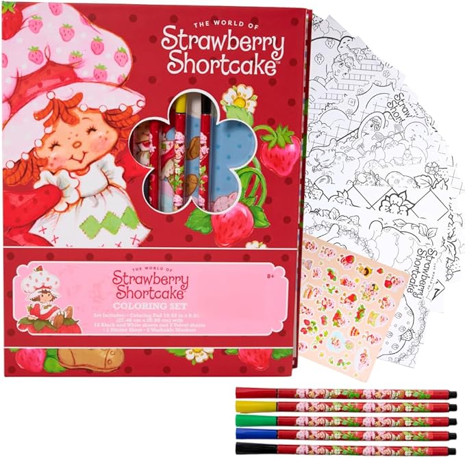 Strawberry Shortcake Coloring Book for Adults and Kids, Black & White Sheets, Velvet Coloring Pages, Stickers, Washable Markers