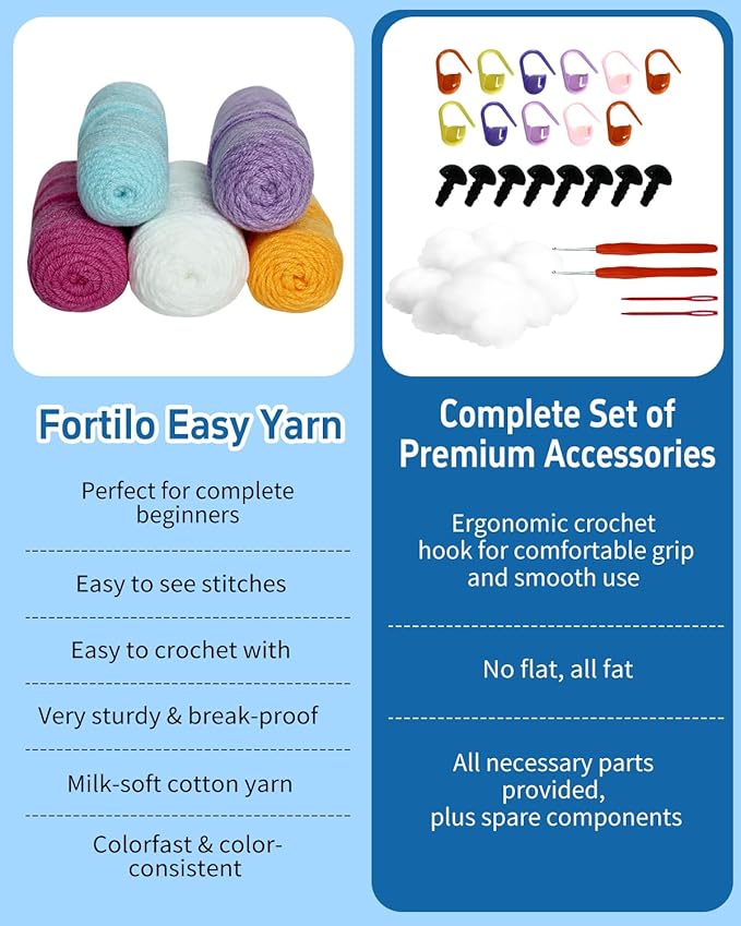 Fortilo Crochet Kit for Beginners 4PCS Colored Whale Crochet Animals with Step-by-Step Video Tutorials 30% Extra Yarn, Perfect for Gifts, Emotional Support, Ideal Knitting Kit for Adults, Kids