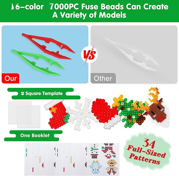 LULUETPUE Christmas Fuse Beads Kit, 7000PC 5MM Melty Beads Set, Iron Melting Bead Craft Kit with Pegboards,Ironing Paper, Arts and Crafts Set for Boys Girls Xmas Birthday