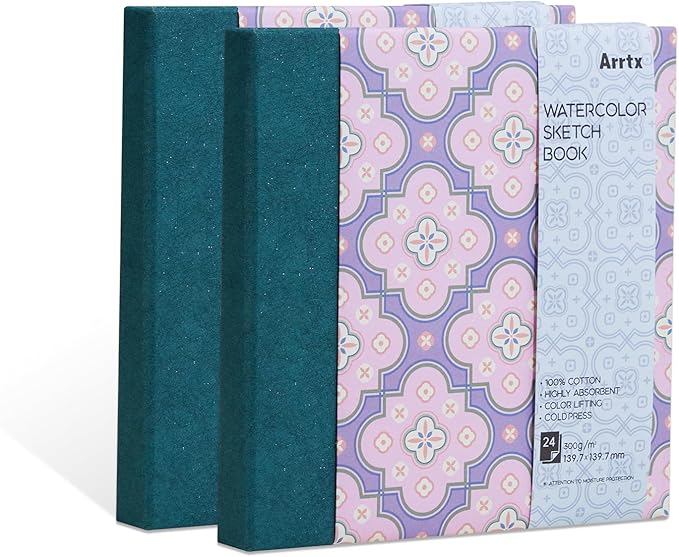 2 Pack Arrtx Square Watercolor Sketchbook, 5.47x5.47'', 140 LB, 300 GSM, 100% Cotton Paper, Cold Press, 48 Sheets, Hardcover Watercolor Journal for Use As Travel Notebook for Artists Adults Students