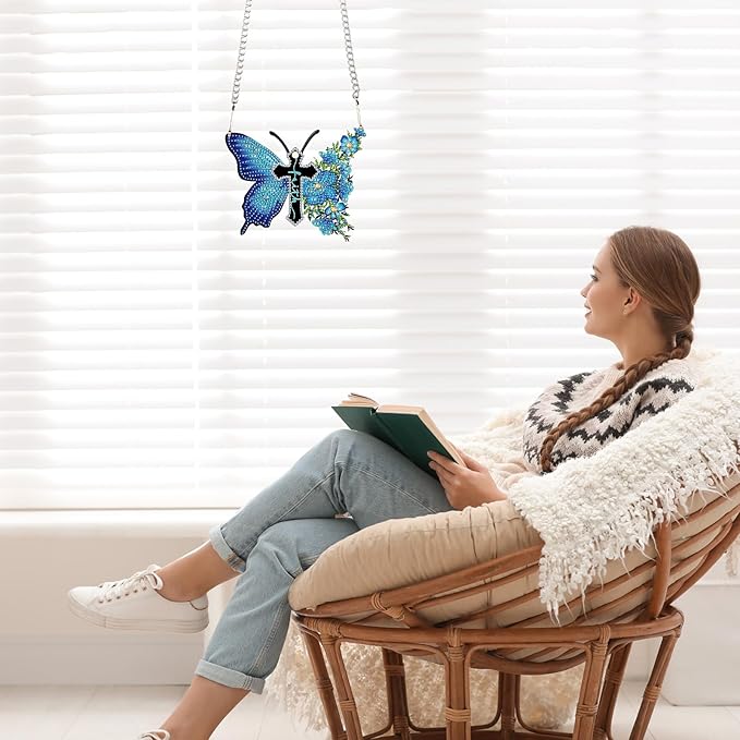 DIY 5D Diamond Painting Hanging Kit, Blue Butterfly Cross Faith Acrylic Pendant Ornament, Religious Special Shaped Diamond Art for Adults, Wall, Door, or Garden Decor Craft Gift