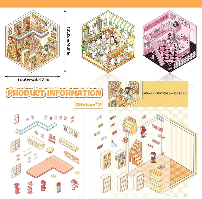 qianshan Scrapbooking Supplies Kit,DIY 3D Stickers Scene,3 Set Funny DIY Sticker Scenes,Make Your Own Cute 3D Miniature Room Scene Stickers for Adults Relief Stress Pass The Time.8-9-10