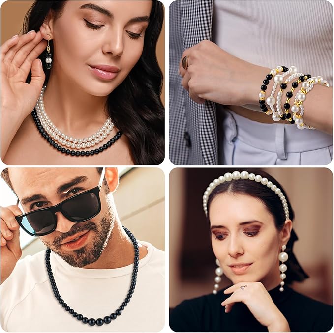 2230pcs Black and White Pearl Beads, 5 Sizes Round Pearls Beads for Jewelry Making Bracelets, Small Black Pearls with Gold Spacer Bead Letter Bead for Crafts Necklaces Earrings DIY