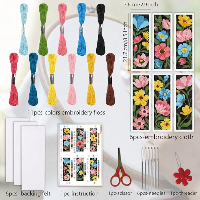 ORIGACH 6 Set Dark Background Flower Cross Stitch Bookmark Kit for Beginners Stamped Embroidery Kit Include Backing Felt and Instruction Beginner Cross Stitch Kits for Adults, Book Lovers