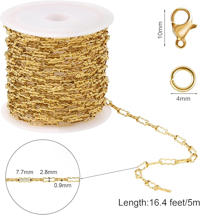 SMYHTGLIF 16.4 Feet Gold Stainless Steel Chain for Jewelry Making Soldered Peanut Chain Bulk for Craft Jewelry Supplies