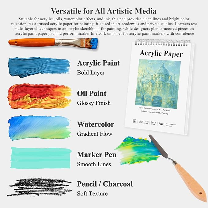 fuxi acrylic paint book pad, 11x14 inch 246lb/400gsm art paper for acrylic painting | 20 sheets (40 pages) notebook for painting, drawing & art supplies.