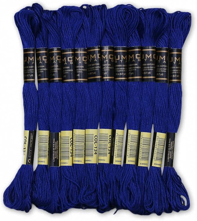 Pack of 12 Premium Embroidery Thread | 100% Egyptian Cotton Premium Skeins | Cross Stitch Embroidery Floss | Oeko TEX Certified Stranded Cotton | Ideal for Arts & Crafts (Royal Blue 134)