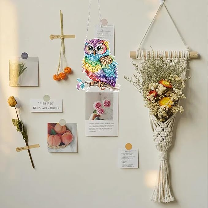 TDFERAN Diamond Painting Pendant DIY Colorful Owl Diamond Art Hanging Artwork Decoration Kit Garden Window Handmade Hanging Ornaments, Adult Painting Craft Gem Pendant Wall Home Decor