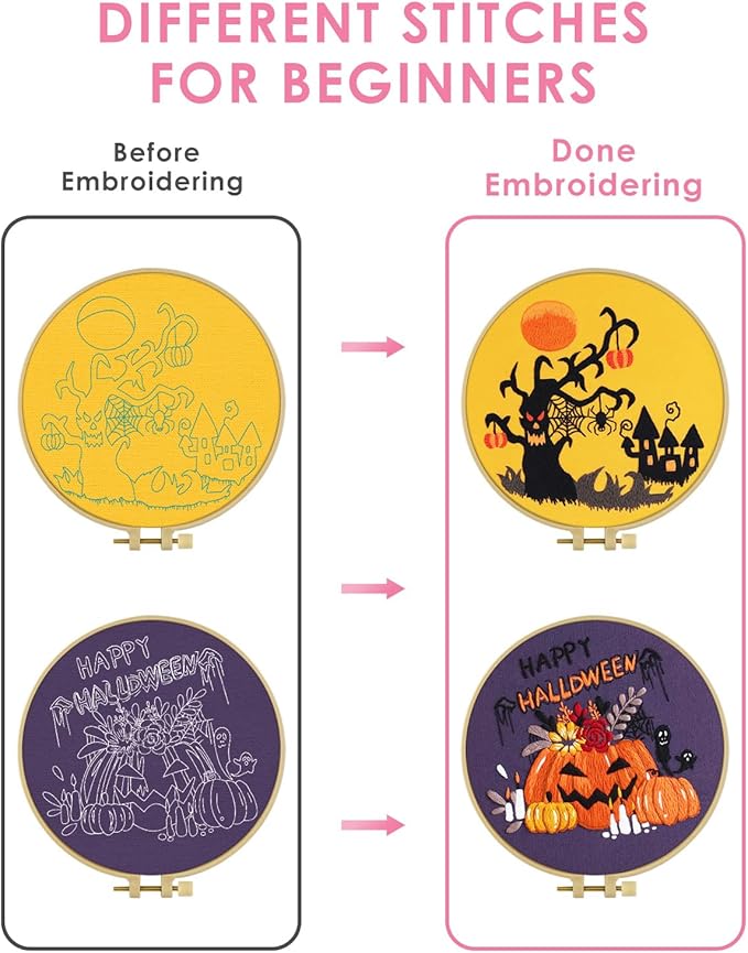 TINDTOP Halloween Embroidery Kit for Adult, Embroidery Kit Include Embroidery Cloth Hoops Threads for Craft Lover Hand Stitch with Embroidery Skill Techniques