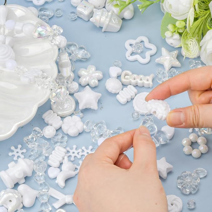 ABONDEVER 245-300Pcs Assorted Acrylic Beads for Bracelets Making Cute Star Bow Flower Candy Heart Gummy Bear Butterfly Beads for DIY Jewelry Crafts Keychain Necklace Phone Charms(White)