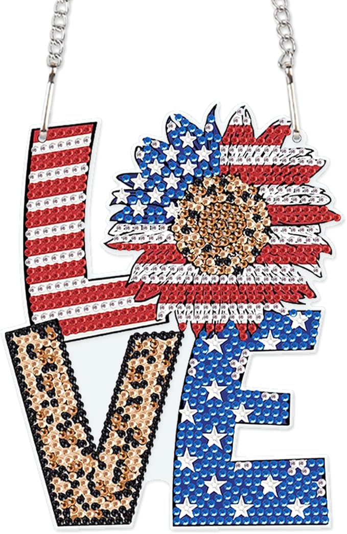 AiYuanzsh Patriotic Diamond Painting Hanging Sign – Love Door Wall Decoration with American Flag Sunflower, Leopard Print, DIY 5D Rhinestone Art Craft for 4th of July Home Decor