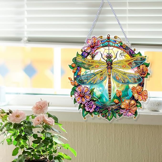 Koikify Diamond Painting Kits Hanging Pendant, Dragonfly Special Shaped Crystal Diamond Art Double-Sided Printed Window Ornament, DIY Wall Art Hanging Sign for Crafts and Home Decor