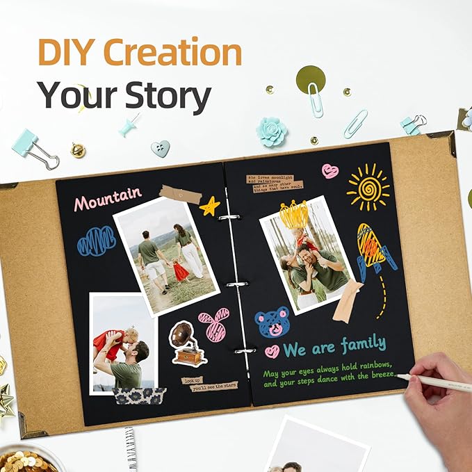 Vienrose DIY Scrapbook Photo Album Kit with Pens Tapes and Stickers 60 Pages Hardcover 12x12 Inches 3 Rings Removable Black Paper Scrapbooking for Lover Friends Kids Wedding Khaki