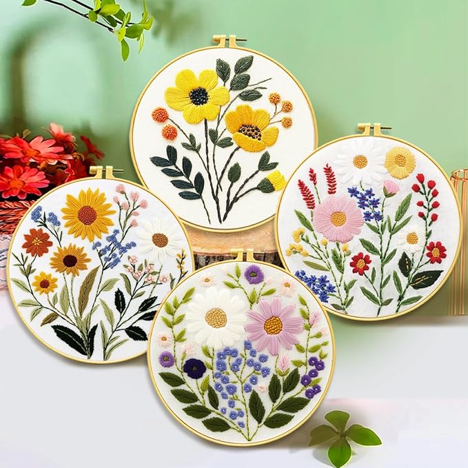 Zhenqing 4-Piece Floral Embroidery Kit for Beginners - Complete Set with Printed Cotton Fabric, Hoop, Threads & Tools (C0155)