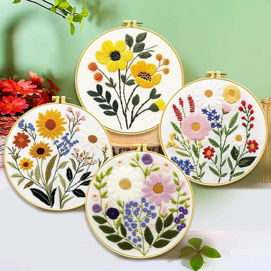 Zhenqing 4-Piece Floral Embroidery Kit for Beginners - Complete Set with Printed Cotton Fabric, Hoop, Threads & Tools (C0155)