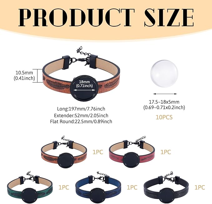 FASHEWELRY 5Pcs PU Leather Cord Bracelet Blanks Bezel Tray Settings Black Flat Round Tray Cabochons Adjustable Round Tray Bracelet Kits with Glass Cabochons for Jewelry Making