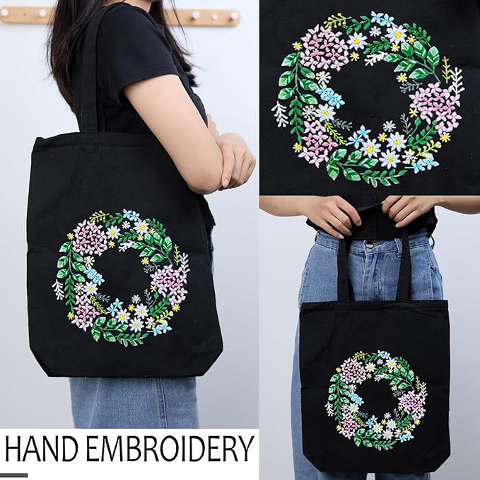 CREAWONDER Canvas Tote Bag Embroidery Kit with Pattern for Beginners, Arts and DIY Embroidery Crafts Kits for Adults, Include Instructions, Thimble, Embroidery Hoops, Color Threads and Tool