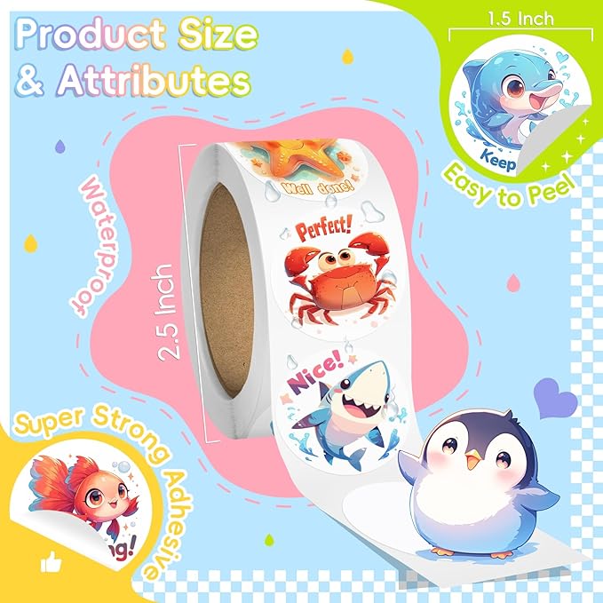 jixzen 1.5 inch animal stickers for kids, 3 rolls 1500 pcs cute stickers for toddlers 2-4 years, 24 designs farm/ocean/wild motivational sticker for potty training rewards, classroom teacher supplies