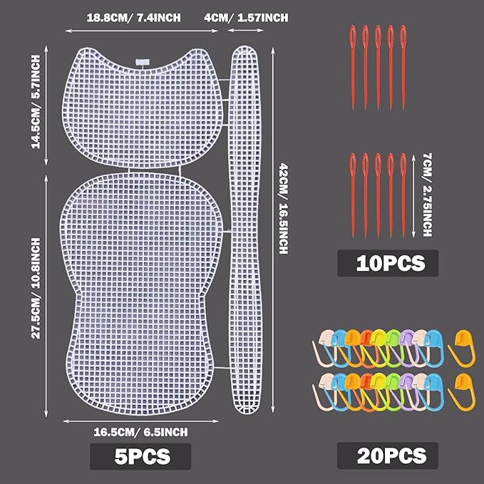 Allazone 37 PCS Clear Mesh Canvas Sheets for Embroidery, Mesh Sheets with 2 Color Acrylic Yarn for DIY Sewing Bag