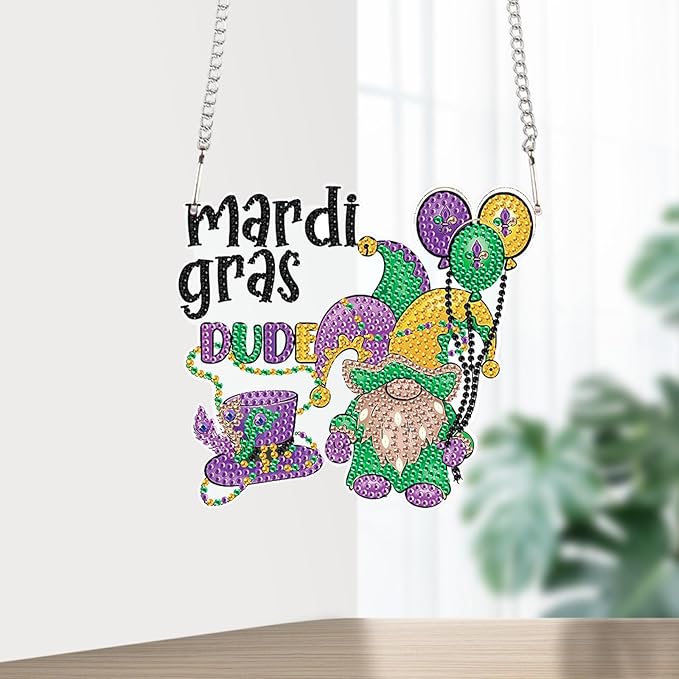 5D DIY Diamond Painting Mardi Gras Gnome Hanging Pendant – Acrylic Special Shaped Rhinestone Kit, Window or Wall Ornament for Festival Home Decoration and Gift