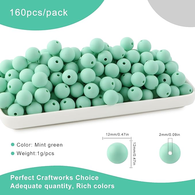 160Pcs 12mm Silicone Beads for Keychain Making Bracelet Necklace, Bulk Round Silicone Beads for Pens（Mint Green）