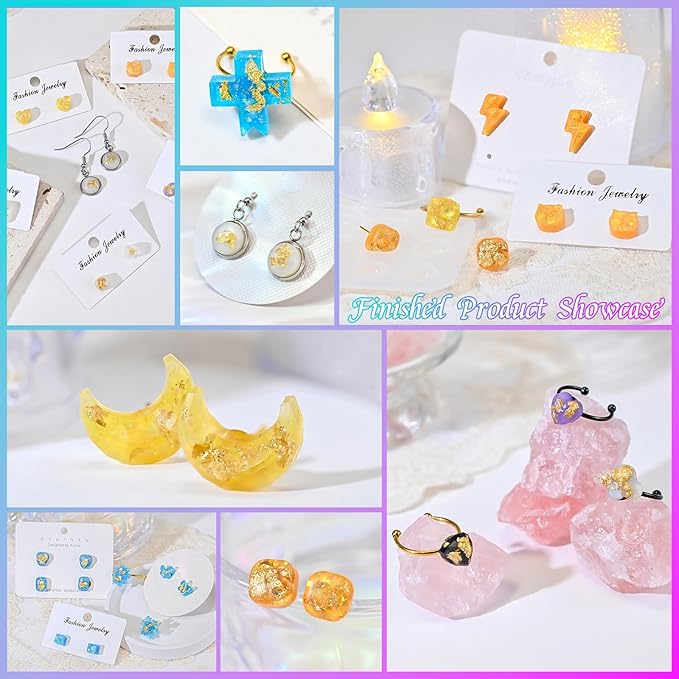 Epoxy Resin Molds Jewelry, Small UV Resin Molds Silicone Kit with Earring Backs & Ring Settings Accessories, DIY Mini Silicone Moulds for Earrings, Pendants, Rings, Necklace & Keychains Art Crafting