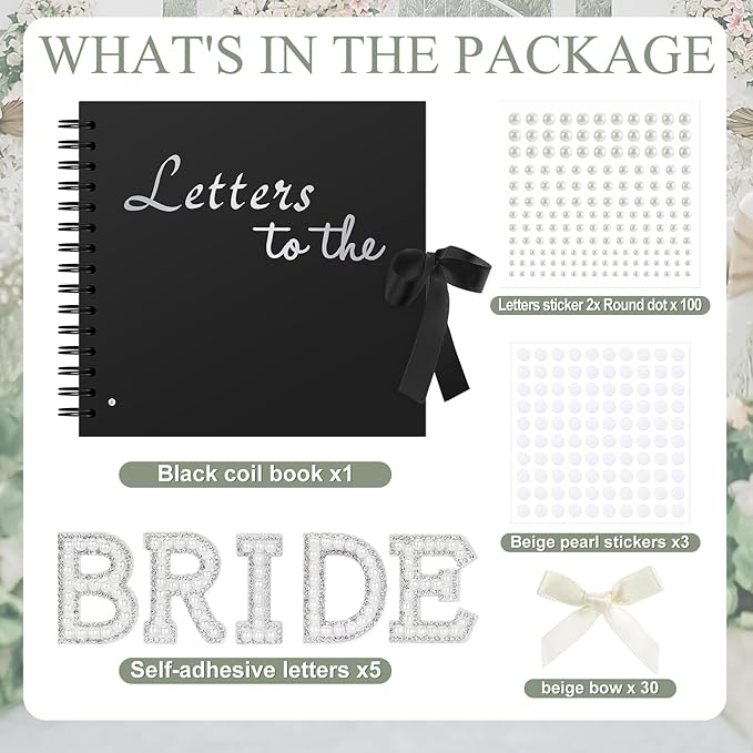 Fuyoooo 8 x 8 Inch Letters to The Bride Scrapbook Wedding Memory Book Bridal DIY Blank Paper Scrapbook Photo Album Guest Book Sign with Pearl Stickers, Metallic Letters, Bows(Black)
